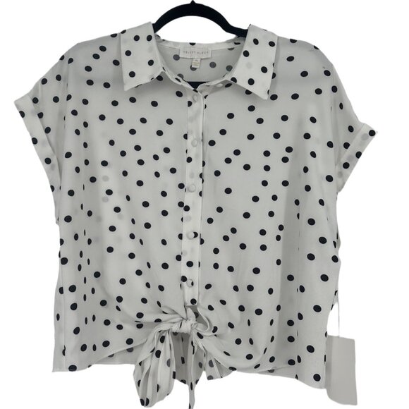 NWT Velvet Fleur White Button-Front Blouse Black Polka Dots Tie-Front Top XL - Picture 2 of 8
